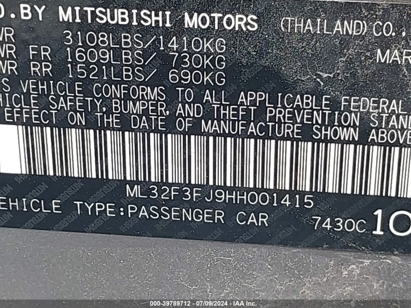 2017 Mitsubishi Mirage G4 Es VIN: ML32F3FJ9HH001415 Lot: 39789712