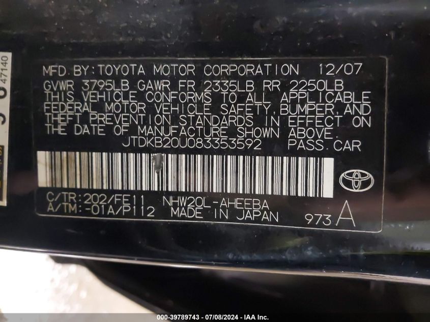 2008 Toyota Prius Touring VIN: JTDKB20U083353592 Lot: 39789743