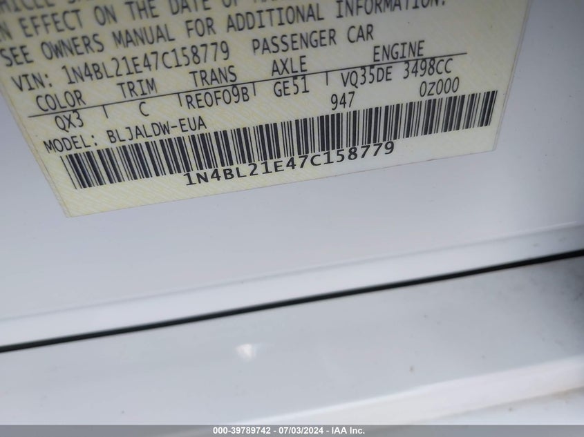 2007 Nissan Altima 3.5 Se VIN: 1N4BL21E47C158779 Lot: 39789742