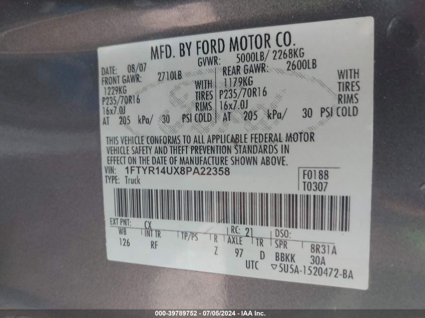 2008 Ford Ranger Sport/Xl/Xlt VIN: 1FTYR14UX8PA22358 Lot: 39789752