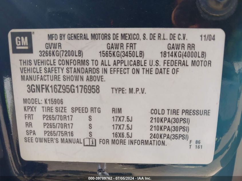 2005 Chevrolet Suburban 1500 Z71 VIN: 3GNFK16Z95G176958 Lot: 39789762
