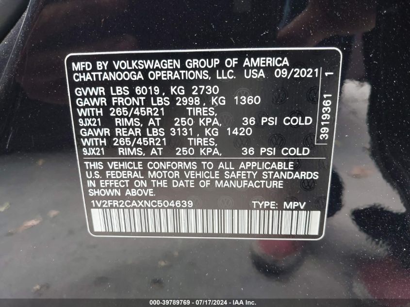 2022 Volkswagen Atlas 3.6L V6 Sel Premium R-Line VIN: 1V2FR2CAXNC504639 Lot: 39789769