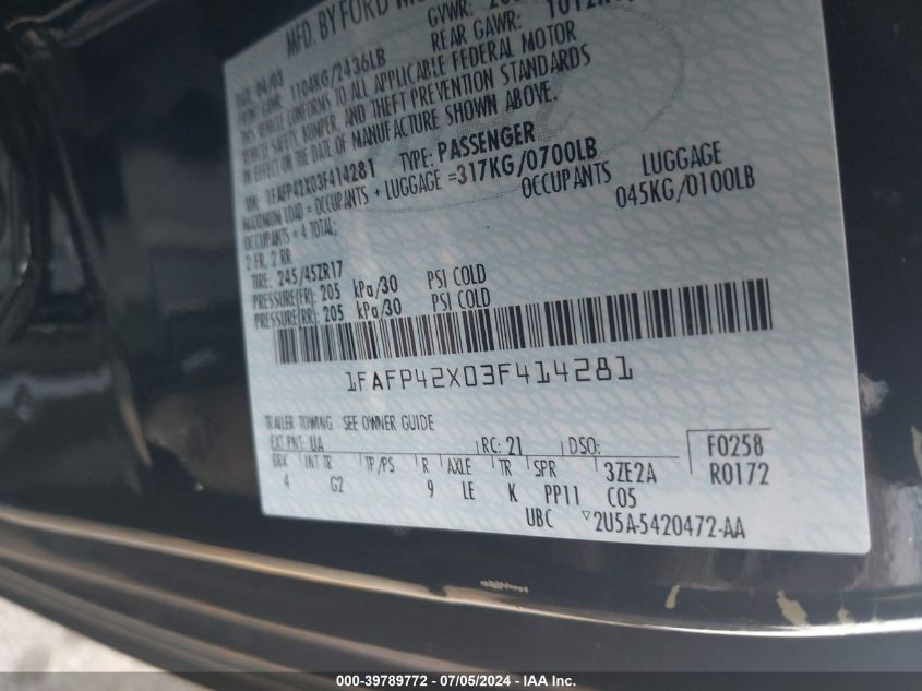 2003 Ford Mustang Gt VIN: 1FAFP42X03F414281 Lot: 39789772