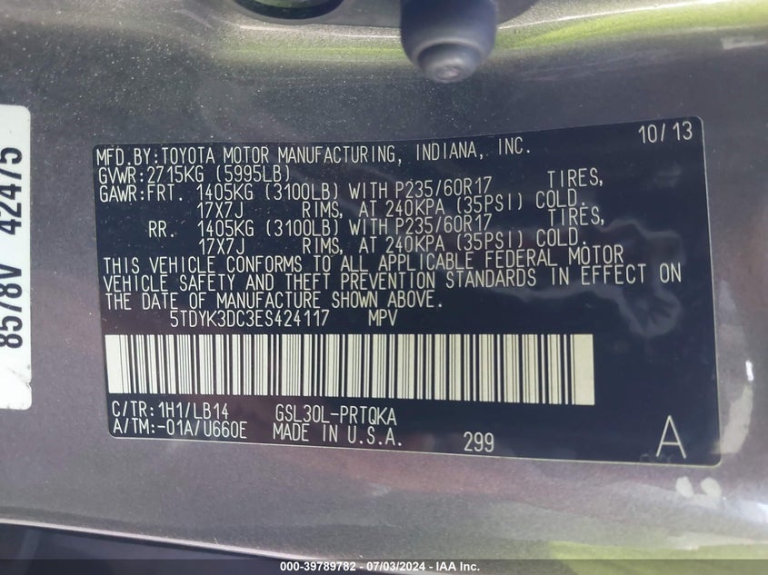 2014 Toyota Sienna Xle V6 8 Passenger VIN: 5TDYK3DC3ES424117 Lot: 39789782