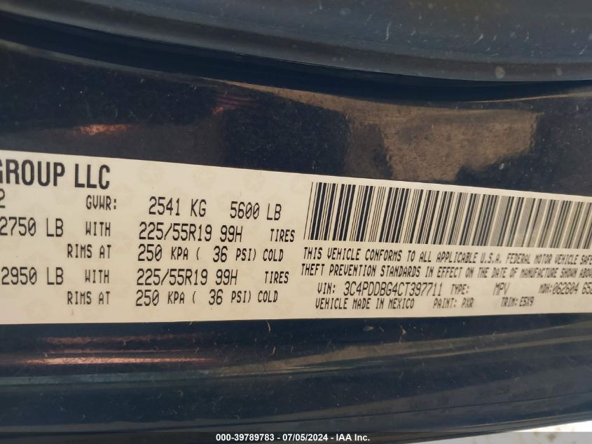 2012 Dodge Journey Sxt VIN: 3C4PDDBG4CT397711 Lot: 39789783