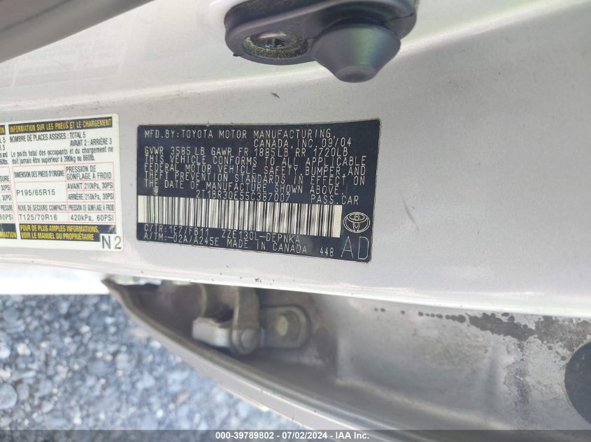 2005 Toyota Corolla Le VIN: 2T1BR30E55C387007 Lot: 39789802