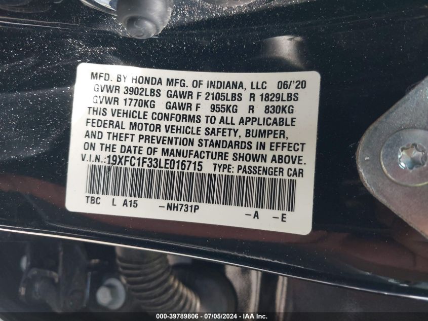 2020 Honda Civic Ex VIN: 19XFC1F33LE016715 Lot: 39789806
