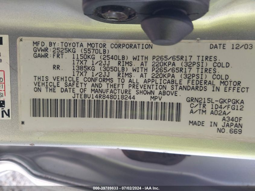 2004 Toyota 4Runner Sr5 V6 VIN: JTEBU14R848018244 Lot: 39789833