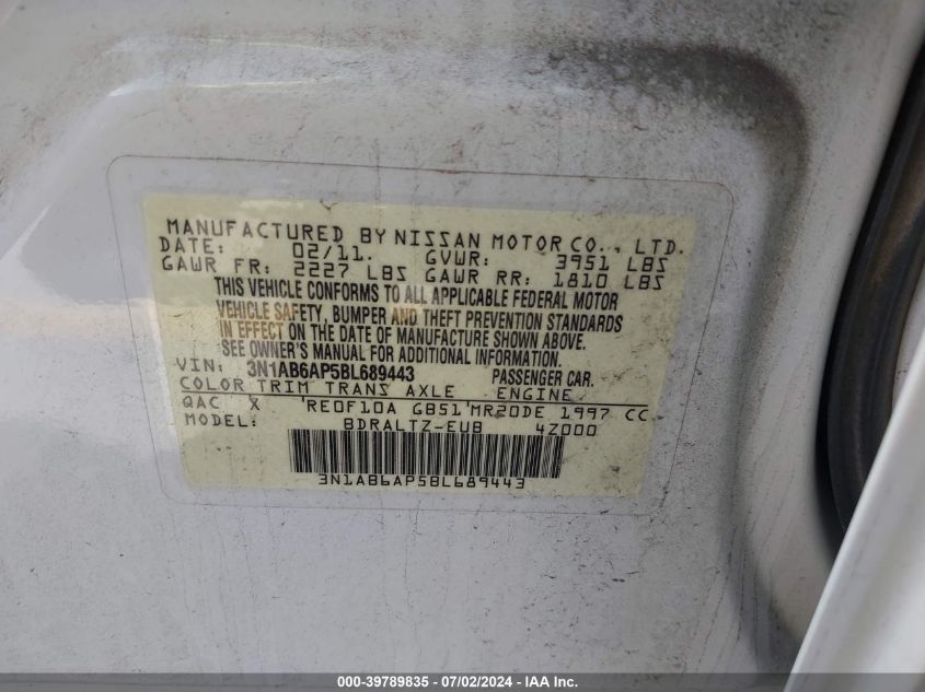 2011 Nissan Sentra 2.0Sr VIN: 3N1AB6AP5BL689443 Lot: 39789835