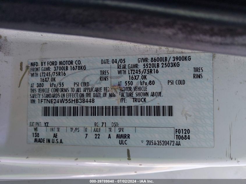 2005 Ford E-250 Commercial/Recreational VIN: 1FTNE24W55HB38448 Lot: 39789840