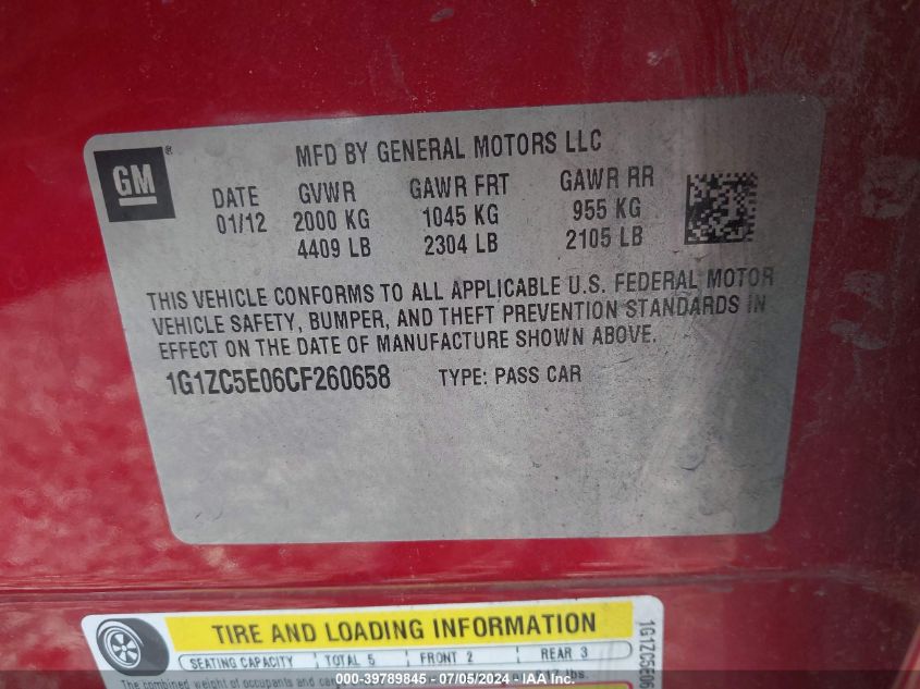 2012 Chevrolet Malibu 1Lt VIN: 1G1ZC5E06CF260658 Lot: 39789845