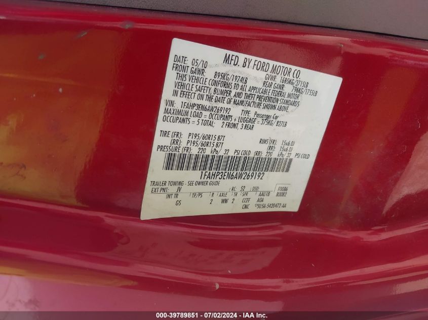 2010 Ford Focus S VIN: 1FAHP3EN6AW269192 Lot: 39789851