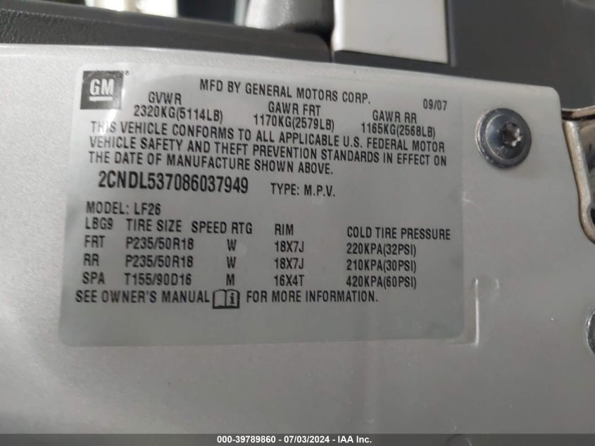 2008 Chevrolet Equinox Sport VIN: 2CNDL537086037949 Lot: 39789860