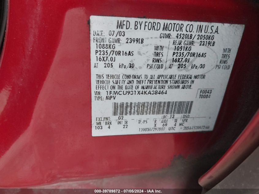 2004 Ford Escape Xlt VIN: 1FMCU931X4KA38464 Lot: 39789872