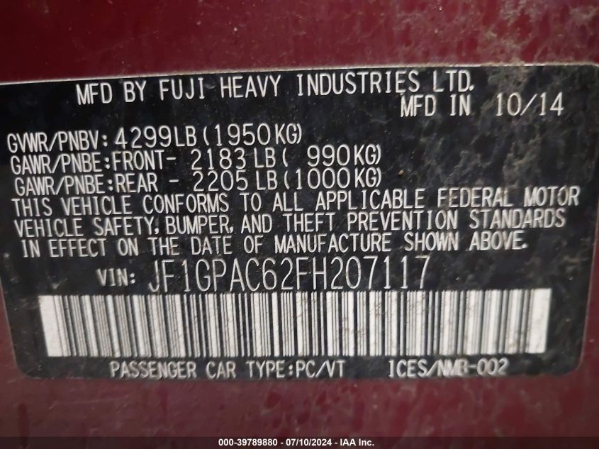 2015 Subaru Impreza 2.0I Premium VIN: JF1GPAC62FH207117 Lot: 39789880