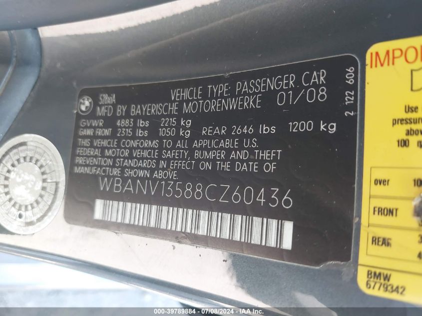 2008 BMW 528 Xi VIN: WBANV13588CZ60436 Lot: 39789884