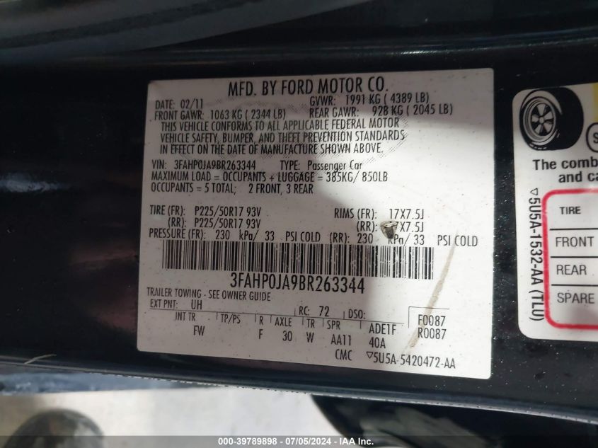 2011 Ford Fusion Sel VIN: 3FAHP0JA9BR263344 Lot: 39789898