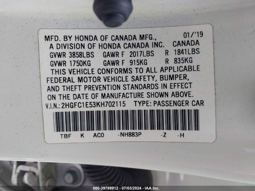 2019 Honda Civic Si VIN: 2HGFC1E53KH702115 Lot: 39789912