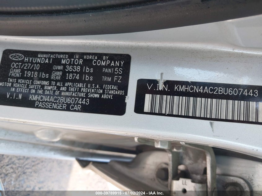 2011 Hyundai Accent Gls VIN: KMHCN4AC2BU607443 Lot: 39789915