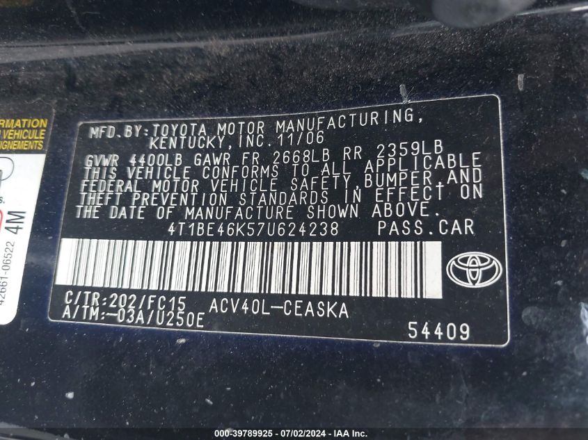 4T1BE46K57U624238 | 2007 TOYOTA CAMRY