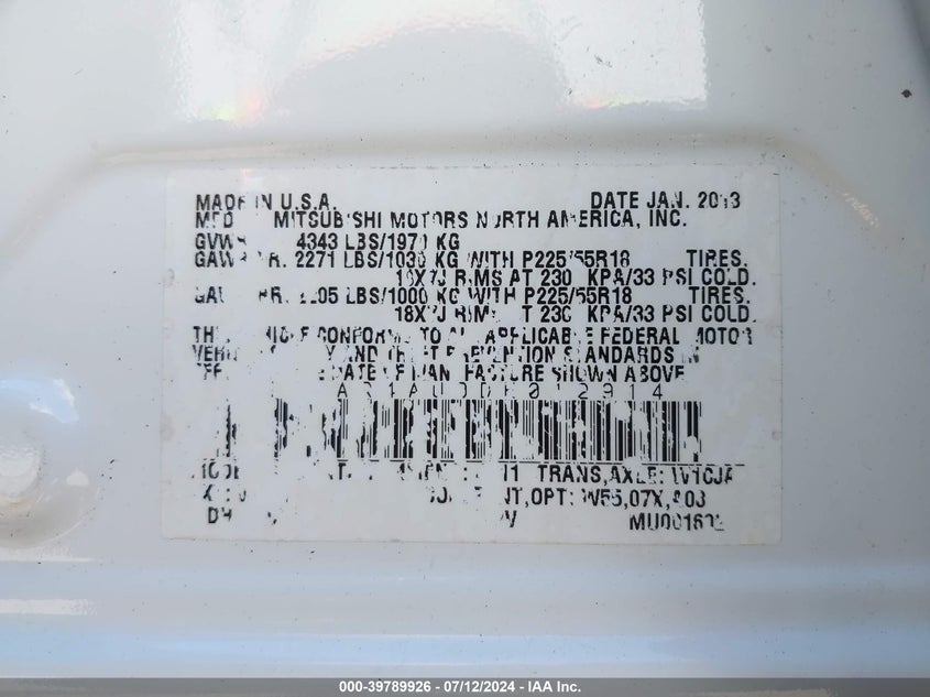 2013 Mitsubishi Outlander Sport Se VIN: 4A4AR4AU0DE012914 Lot: 39789926