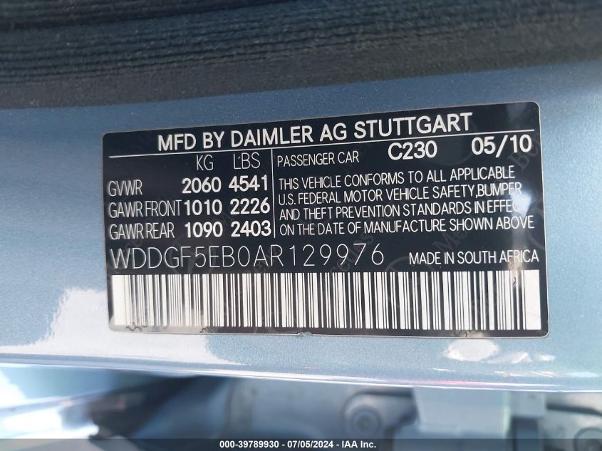 2010 Mercedes-Benz C 300 Luxury/Sport VIN: WDDGF5EB0AR129976 Lot: 39789930