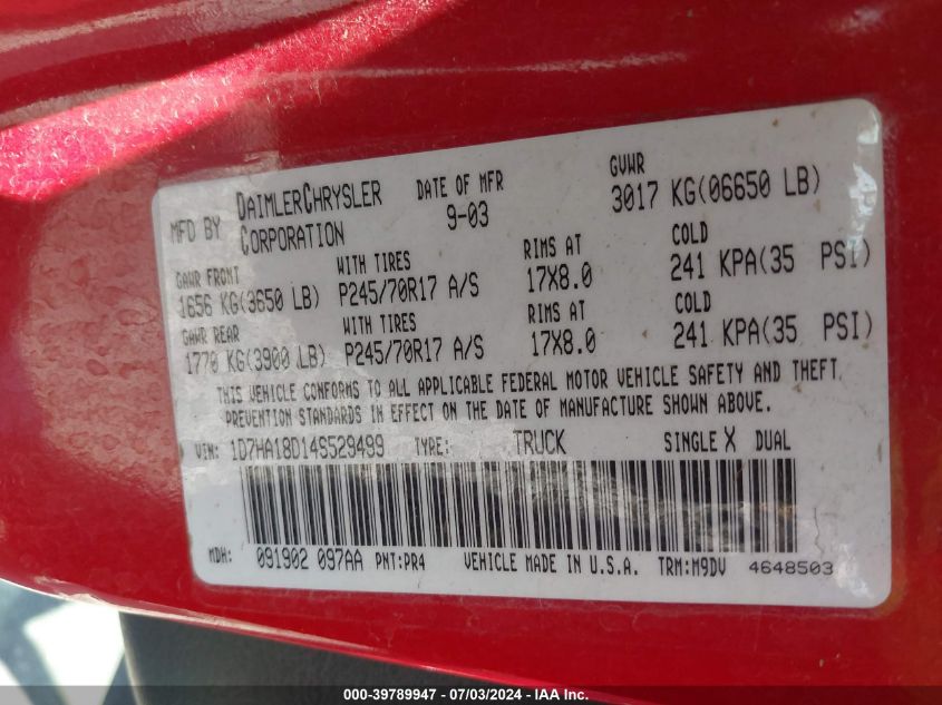2004 Dodge Ram 1500 Slt/Laramie VIN: 1D7HA18D14S529499 Lot: 39789947