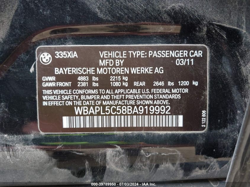 2011 BMW 335 Xi VIN: WBAPL5C58BA919992 Lot: 39789950