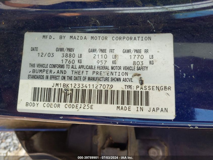 2004 Mazda Mazda3 S VIN: JM1BK123341127079 Lot: 39789951
