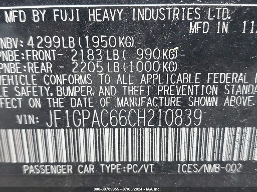 2012 Subaru Impreza 2.0I Premium VIN: JF1GPAC66CH210839 Lot: 39789955