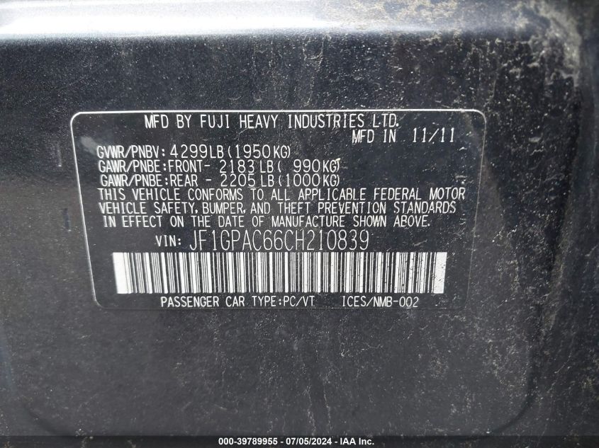 2012 Subaru Impreza 2.0I Premium VIN: JF1GPAC66CH210839 Lot: 39789955