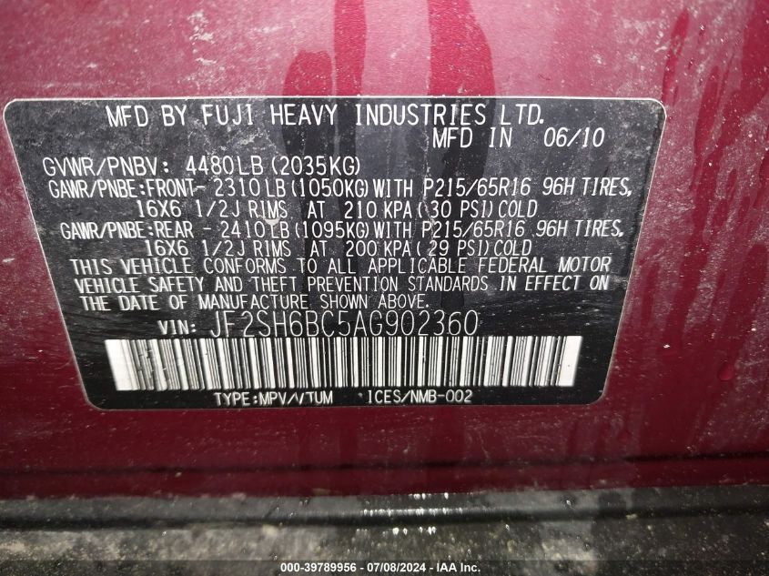 2010 Subaru Forester 2.5X VIN: JF2SH6BC5AG902360 Lot: 39789956