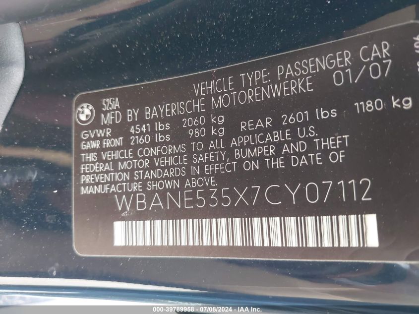 2007 BMW 525I VIN: WBANE535X7CY07112 Lot: 39789958