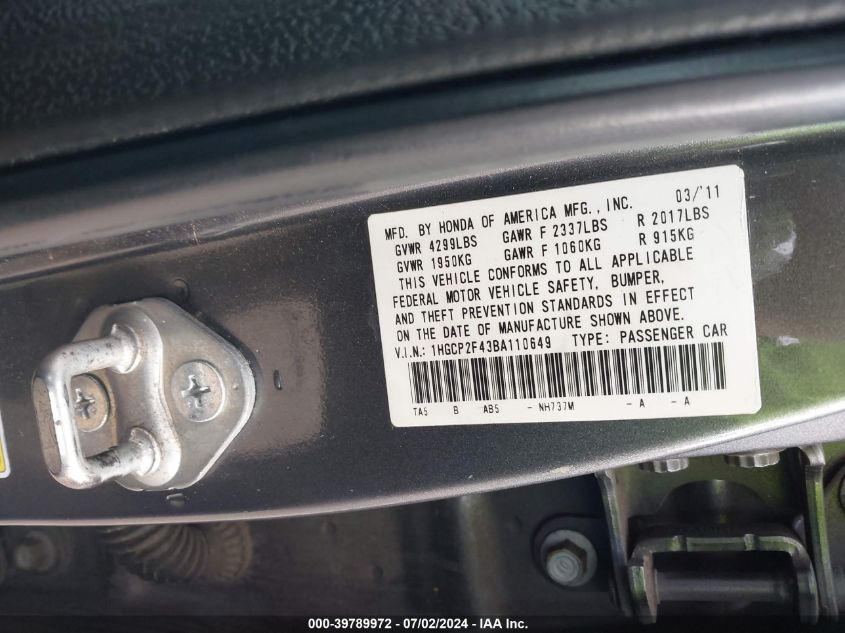 1HGCP2F43BA110649 | 2011 HONDA ACCORD