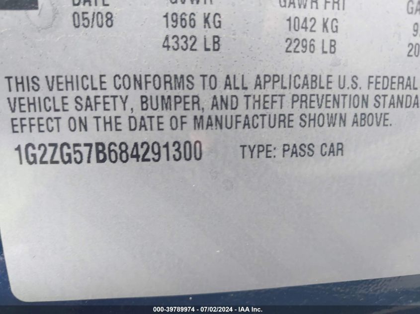 2008 Pontiac G6 VIN: 1G2ZG57B684291300 Lot: 39789974