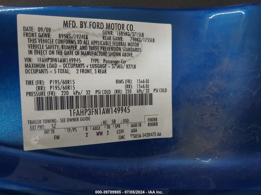 2010 Ford Focus Se VIN: 1FAHP3FN1AW149945 Lot: 39789985