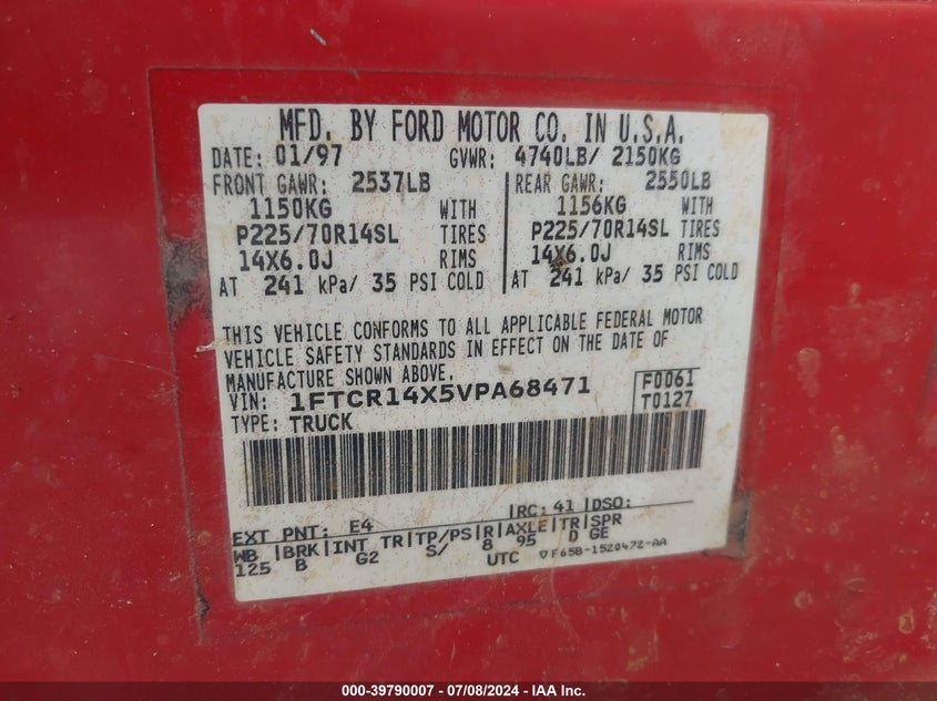 1997 Ford Ranger Splash/Xlt VIN: 1FTCR14X5VPA68471 Lot: 39790007