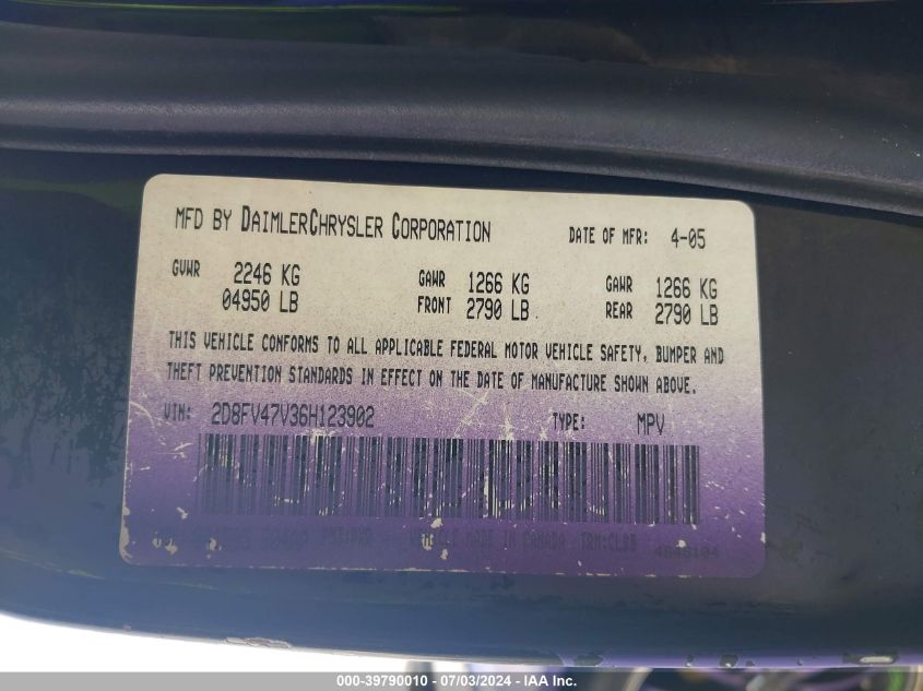 2006 Dodge Magnum VIN: 2D8FV47V36H123902 Lot: 39790010