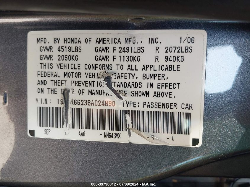 2006 Acura Tl VIN: 19UUA66236A024890 Lot: 39790012