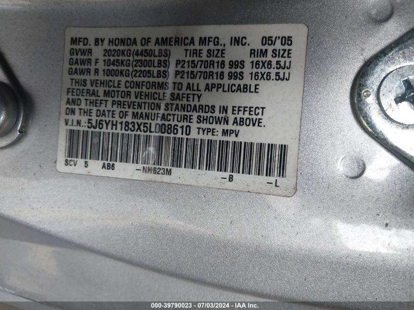 2005 Honda Element Lx VIN: 5J6YH183X5L008610 Lot: 39790023