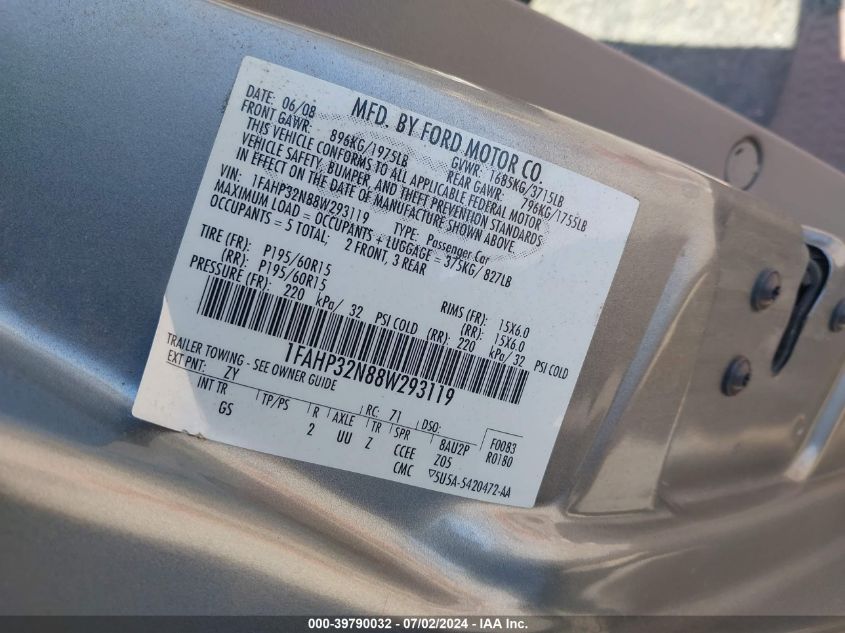 2008 Ford Focus S VIN: 1FAHP32N88W293119 Lot: 39790032