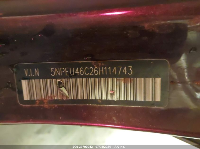 2006 Hyundai Sonata Gls VIN: 5NPEU46C26H114743 Lot: 39790042