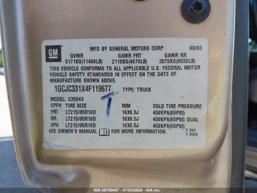 2004 Chevrolet Silverado 3500 Ls VIN: 1GCJC331X4F119677 Lot: 39790047