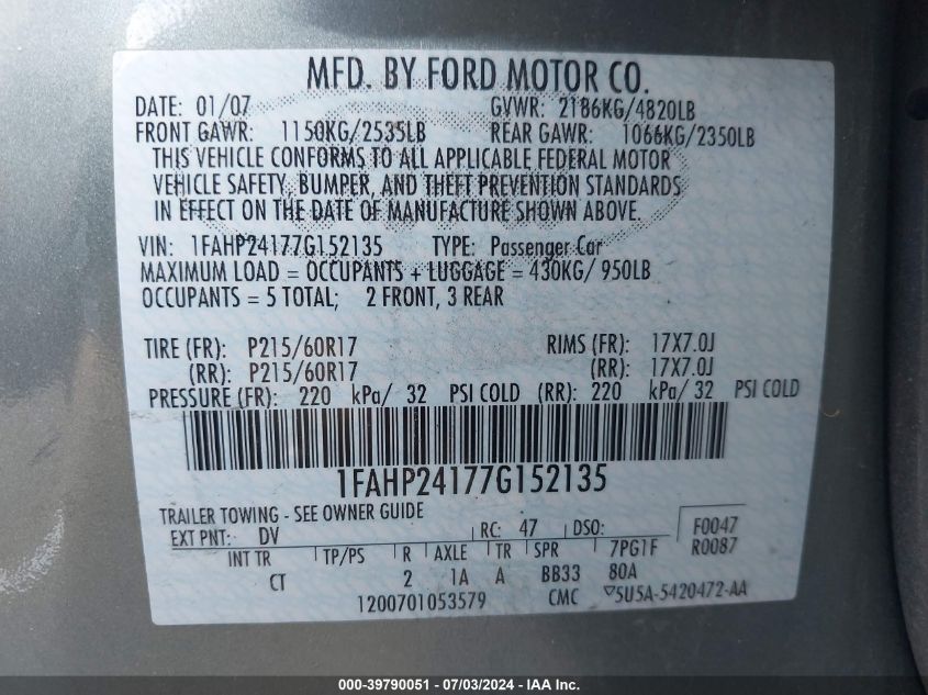 2007 Ford Five Hundred Sel VIN: 1FAHP24177G152135 Lot: 39790051