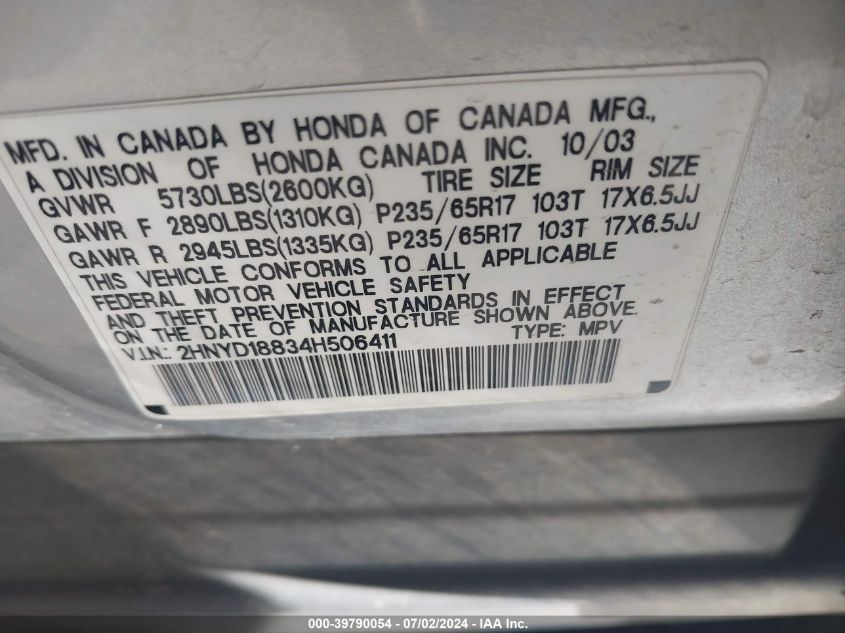 2004 Acura Mdx VIN: 2HNYD18834H506411 Lot: 39790054