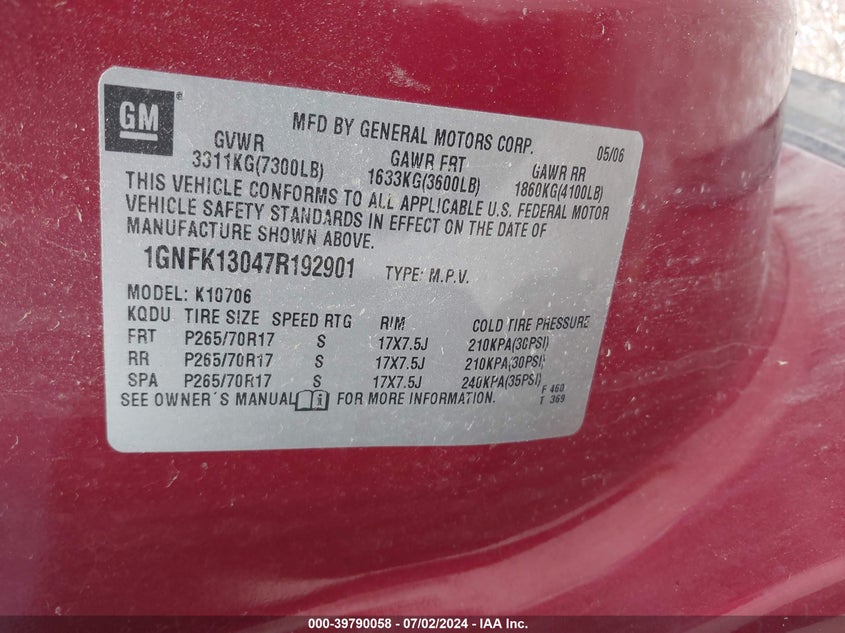 2007 Chevrolet Tahoe K1500 VIN: 1GNFK13047R192901 Lot: 39790058
