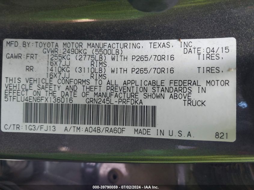 2015 Toyota Tacoma Base V6 VIN: 5TFLU4EN6FX136016 Lot: 39790059