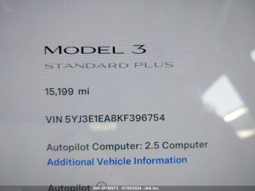 2019 Tesla Model 3 VIN: 5YJ3E1EA8KF396754 Lot: 39790073