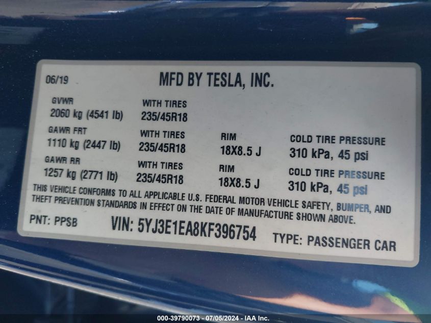 2019 Tesla Model 3 VIN: 5YJ3E1EA8KF396754 Lot: 39790073