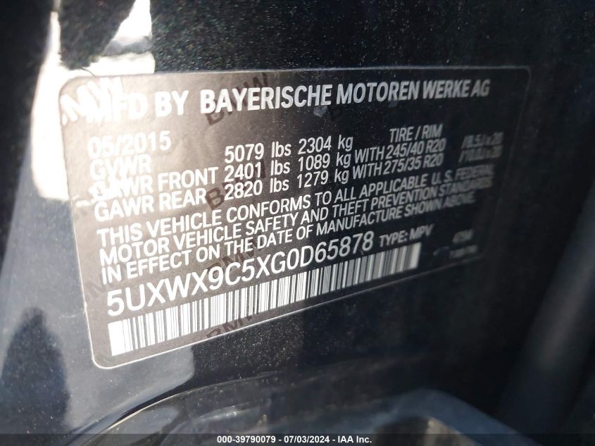 2016 BMW X3 xDrive28I VIN: 5UXWX9C5XG0D65878 Lot: 39790079